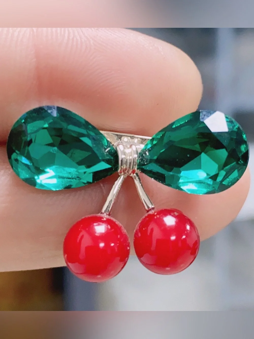 Cherry Brooch Pin – Red Cherries Green Crystal Leaf Rhinestone Fruit Jewelry